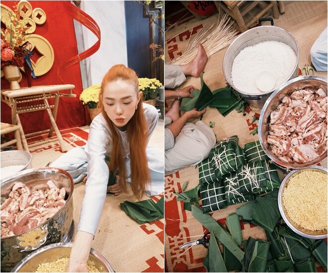 Sao Việt gói bánh chưng: NSND Trịnh Kim Chi nhảy múa bên nồi bánh, Minh Hằng "gây bão" khi tự khen - 6