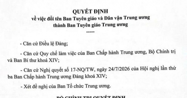 Sử dụng tên gọi chính thức “Ban Tuyên giáo Trung ương” từ 1/8